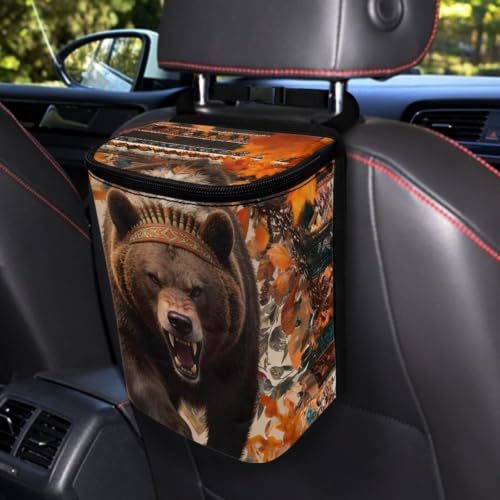 Image of Talayituse Tribal Bear Maple Print Car Trash Can Portable Auto Garbage Bin Multifunctional Vehicle Interior Accessories with Adjustable Straps Universal Fit Truck SUV Sedan Autumn Decor
