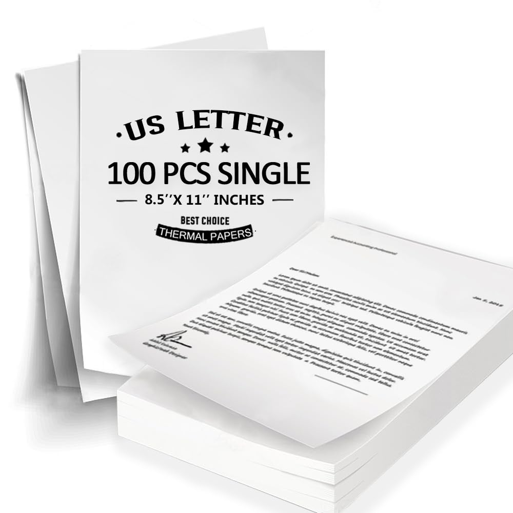 100 hojas de papel térmico individual de 8.5 x 11 pulgadas, color blanco, tamaño carta de EE. UU. para impresora portátil, compatible con impresora térmica, A285M/PD-A4/M08F-Letter/D810, etc