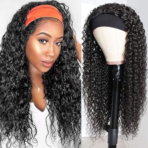 Image of Headband Wig Human Hair Deep Wave 28 Inch Headband Human Hair Wigs for Black Women Glueless Non Lace Front Wig Machine Made Curly Deep Wave Headband Wig 150% Density Natural Color