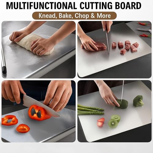 Image of Stainless Steel Cutting Board for Kitchen Countertop, Non-Slip Metal Chopping Board, Odor Resistant, Easy to Clean, 35 x 31 cm, Comes with 4 Steel Straws