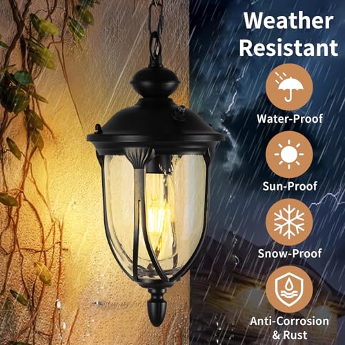 Image of JYZ Vintage Dusk to Dawn Outdoor Hanging Lantern, 17 Inch Rustic Exterior Pendant Light Fixture with Seeded Glass, Antique Black Ceiling Mount Chandelier for Porch, Patio, Gazebo, Entryway JYOPL04-L