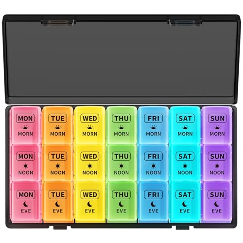 Opret Weekly Pill Organiser Pill Box 7 Day 3 Times a Day with case Portable Travel Tablet Organiser with 21 Large Compartments for Vitamin Fish Oil Supplements Medication (Black-Rainbow)