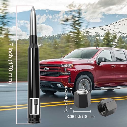 Image of Car Truck Bullet Antenna with Tire Valve Caps American Flag Universal Short Replacement for GMC Sierra Chevy Silverado Dodge Ram 1500 2500 3500 Ford F150 F250 F350 Super Duty Raptor Accessories Silver