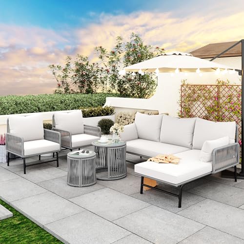 Conjunto de salón de jardín con estructura de hierro y cuerda gris, muebles de jardín de cuerda tejida para exteriores, color gris, dos sillones, dos sofás de 2 plazas y dos mesas (todos los cojines