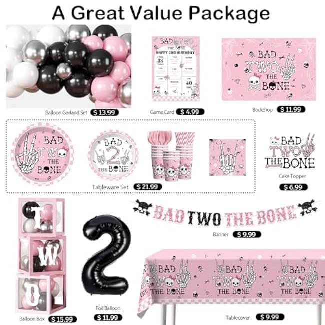 cocomigo 240pcs Bad Two The Bone Party Decorations Girl, Bad Two The Bone Party Decorations with 20pcs Plate Cup Backdrop Balloon Box 2pcs Tablecloth for 2nd Birthday Decorations for Girl
