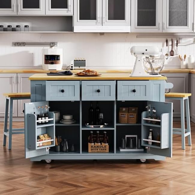 53 inch Large Kitchen Island with Drop Leaf, Power Outlet, Door Internal Storage Rack, Rolling Kitchen Cart on 5 Wheels for Kitchen, Dining Room-j98sRuU3