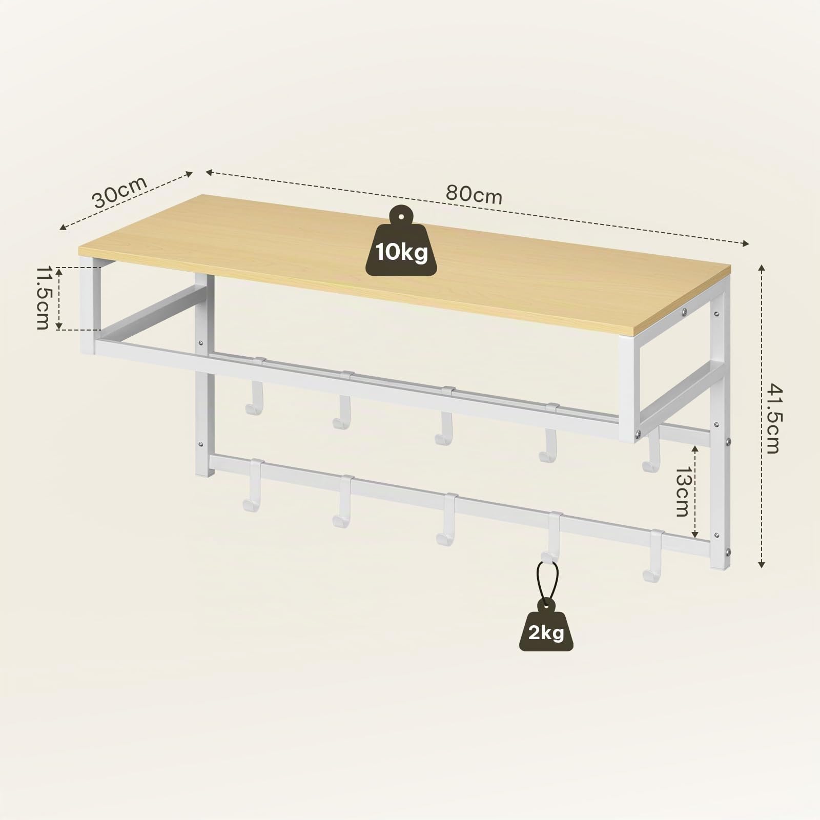 eSituro Perchero de Pared con Estante, Estantería de Pared con 10 Ganchos, Perchero para Colgar Ropa, Toallero Baño, Percha para Salón, Pasillo, Entrada, 80x41x30 cm, Blanco + Madera natural