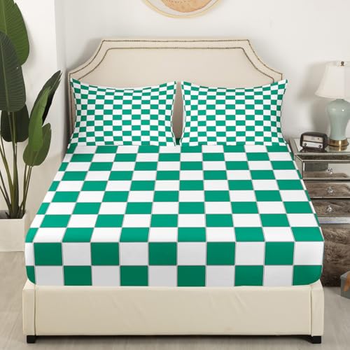 Image of Erosebridal Green Checkered Bedding Full White Emerald Green Checkerboard Sheet Set,Buffalo Plaid Grid Bed Sheets for Kids Adults Aesthetic Geometric Gingham Bed Sheet Set 4 Piece