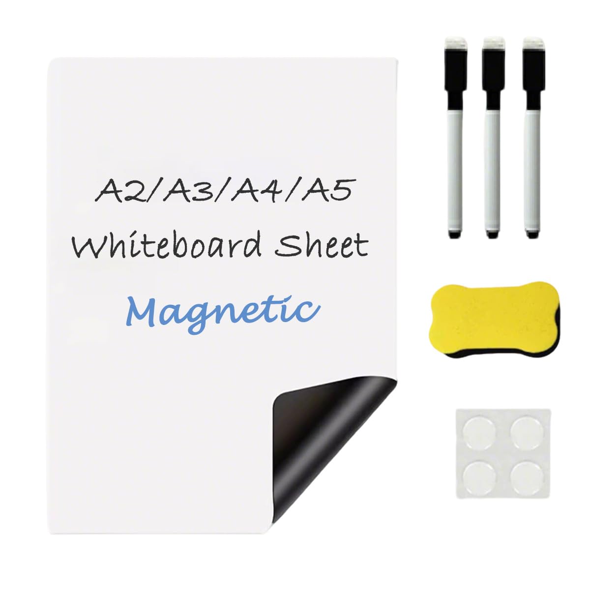A2/A3/A4/A5 Magnetic Dry Erase Whiteboard Sheet for Fridge, Small Refrigerator Message Boards with 3 Pens/1 Eraser, for Kitchen Menus Home Lists Office Memos (White,A3)