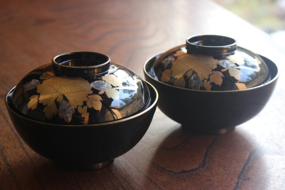 小傷有！時代黒漆に極上草花蒔絵の映えるお椀3点（検輪島塗蒔絵