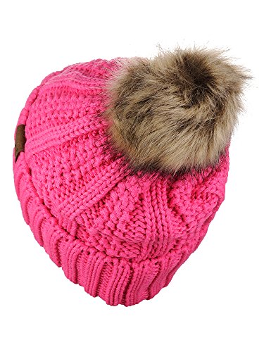 C.c Thick Cable Knit Faux Fuzzy Fur Pom Fleece Lined Skull Cap Cuff Beanie, Candy Pink #TOP3