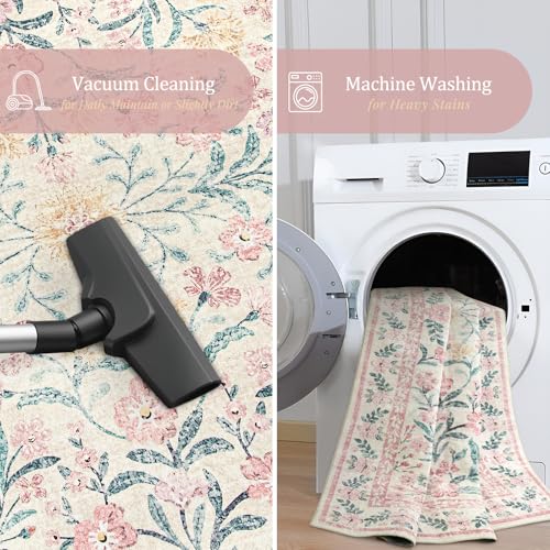 Morebes Floral Pink Rugs for Bedroom Girls, Washable 5x7 Large Area Rug for Living Room Non Slip, Vintage Low-Pile Indoor Floor Boho Flower Carpet for Kids Nursery Playroom, Light Pink&Green - Image 6