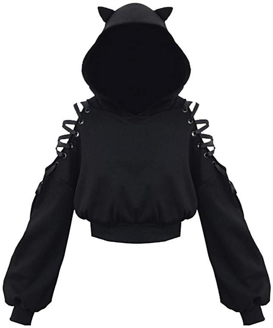 EUDOLAH Dames Hoodie off-shoulder katten oor hoodie hoodie met linten kort sweatshirt - M - 1-Zwart