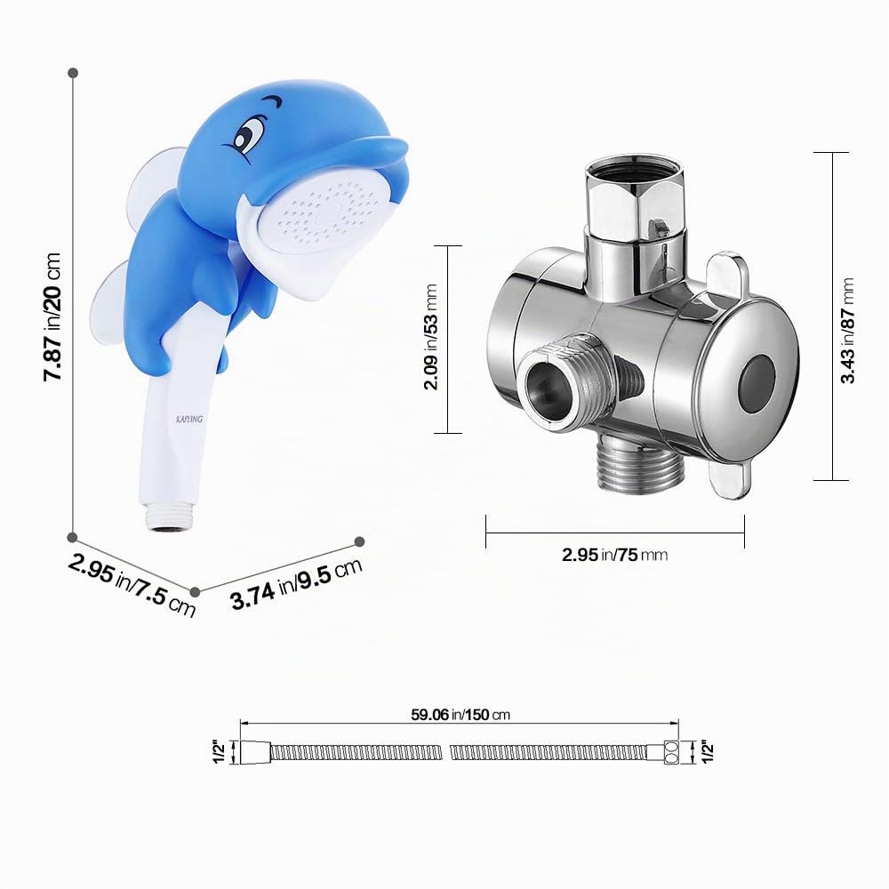 KAIYING Delphin - Soffione doccia per bambini, soffione doccia a mano per bambini, accessori da bagno, soffione doccia con supporto, tubo e valvola di deviazione