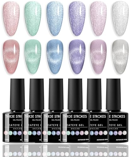 Image of THR3E STROKES Cat Eye Gel Nail Polish Set for Pink Brown Glitter Holographic Cat Eye, Shimmery Finish 7.5Ml Salon Gel Manicure and Nail Art DIY at Home, Bright Moonlight (ASTEROID)