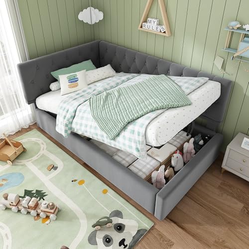 GigaXynium Cama tapizada, 90 x 200 cm, sofá cama con almacenamiento hidráulico, cama infantil, cama juvenil, estructura de cama con somier de láminas de madera (gris)