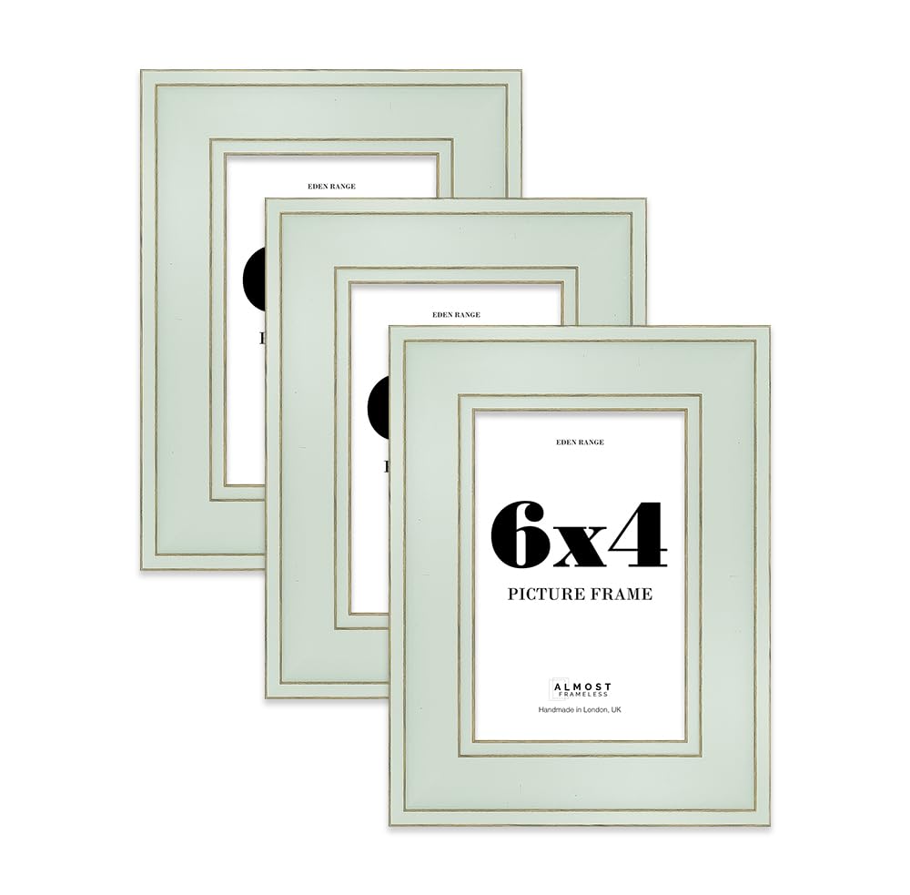 6x4 Sage Green Picture Frame - Shabby Chic Photo Frame with Distressed Finish, Gold Trim, Wall Hooks and Kickstand, 37mm Edge - 3 Pack