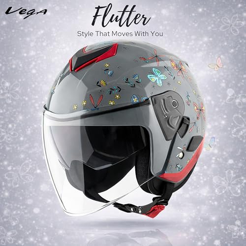 Image of Vega VO-04 Flutter Dual Visor Open Face Helmet. ISI Certified, ABS Lightweight Shell, Scratch Resistant Outer Visor, Inner Sun Shield, Breathable Padding, Quick Release Buckle - Nardo Grey, L