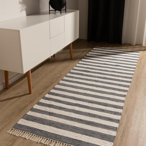 benuta Basic Baumwollteppich Tom - Grau/Creme 70x200 cm - Handgewebter Wohnzimmer Teppich - 100% Recycelte Baumwolle - Für Fußbodenheizung geeignet