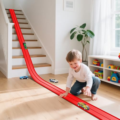 KETIEE Flex Tracks 16Ft for Kids: Flexible Race Car Ramp Track with 4 Small Racecars and 8 Suction Cups Compatible with Hot Wheels and Diecast 1/64th Cars, Rolls Up Portable Racetrack for Ages 3 & Up