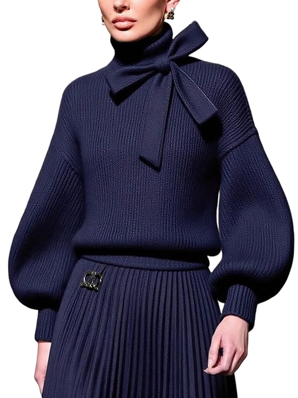 UOOZEE Womens Elegant Turtleneck Chunky Knit Sweater Bow Long Puff Sleeve Soft Pullover Formal Casual Party Jumper Top