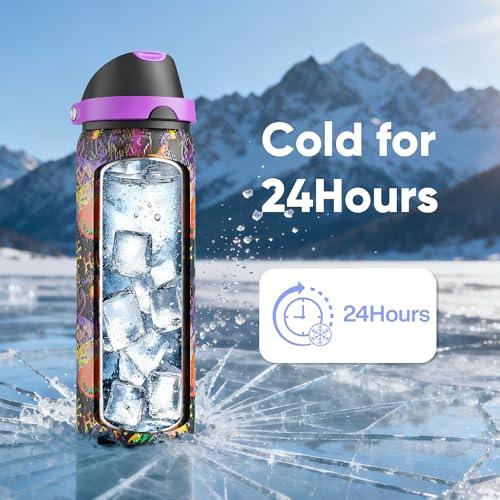 Image of Insulated Water Bottle with Straw - Encool Stainless Steel Water Bottle with Push Button Lid, Leak-Proof & BPA-Free, Keeps Cold for 24 Hours for Sports, Travel, Gym (32 oz, Ghost Party)