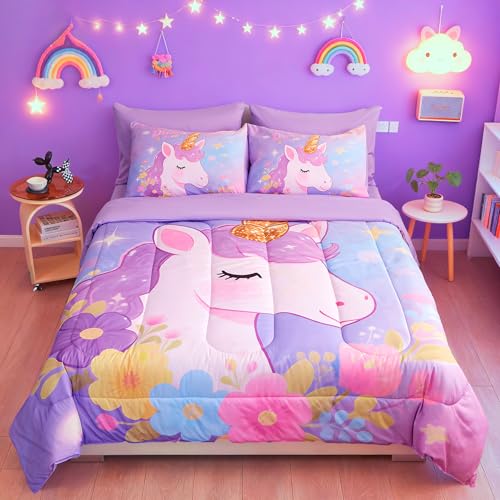 Image of Twin Comforter Set for Girls 5 Piece Purple Unicorn Bedding Set for Girls Super Soft Microfiber Bed Set Bed in a Bag with Comforter Sheets Pillowcase & Sham
