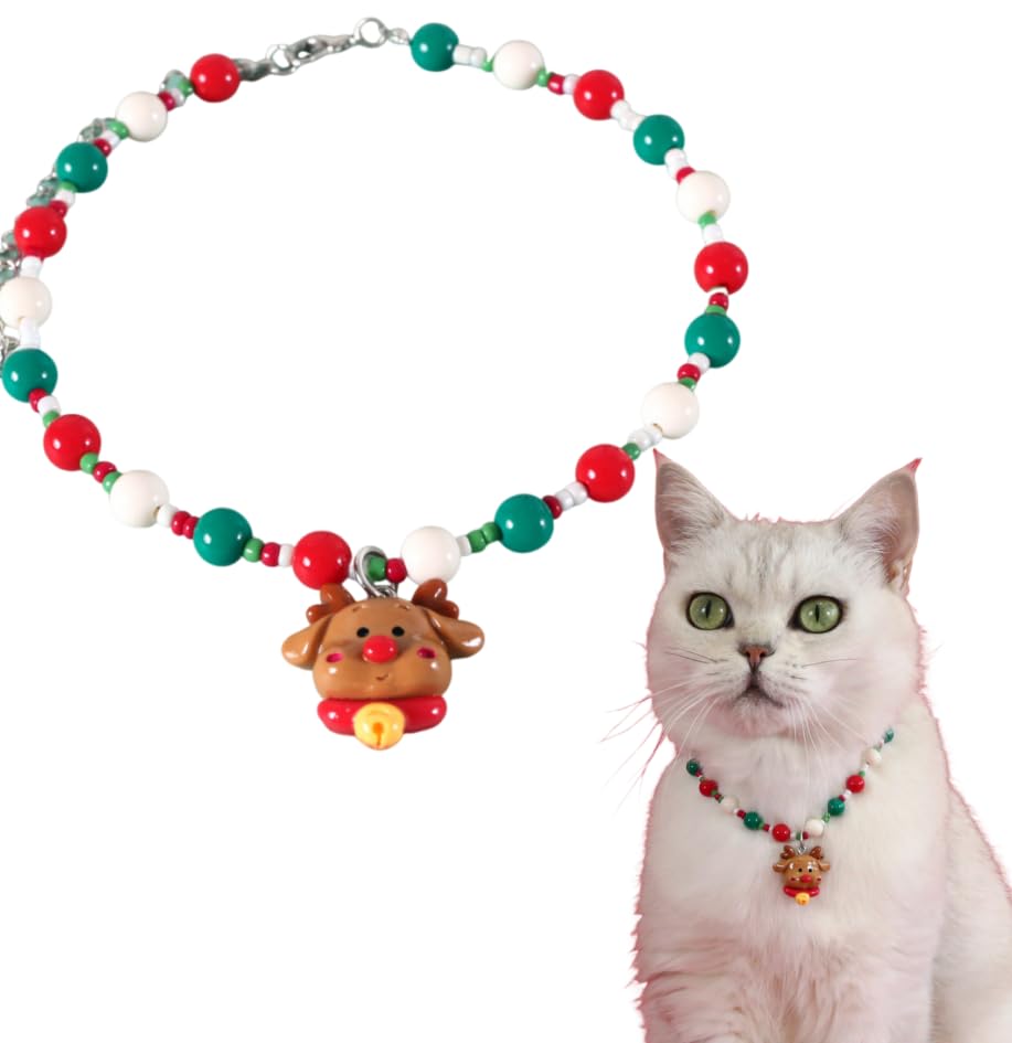 Collar con colgante de corona de Navidad para mascotas, diseño de collar de cuentas con colgante de corona, rojo, verde y blanco (alce, S)