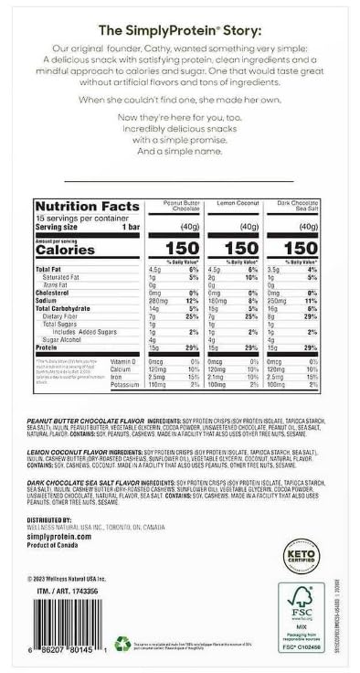 Miniatura 4 de Simply Protein - Barras crujientes de 1.41 onzas, variedad de 15 unidades (chocolate con mantequilla de cacahuete, coco y limón y sal marina de