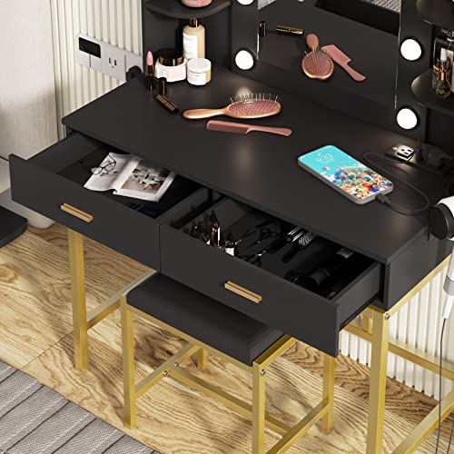 Image of Vanity Desk with Mirror and 10 Led Lights, with Charging Station, Makeup Table Set with Lighted Morror, with 3 Lighting Modes and 2 Drawers&Cushioned Stool for Bedroom