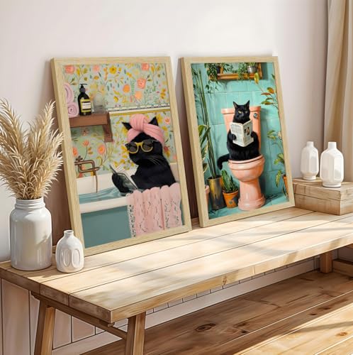 Image of ArtX Paper Boho Cat Art Paintings with Frame for Home Decor, Abstract Wall Painting for Living Room, Multicolor, Natural Wood Color Frames, 12.0 x 18.0 inch, Set of 2