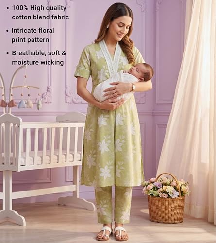 Image of DUMMY SHAPE Maternity Dresses for Women Cotton | Floral Kurta Pant Dupatta Set with Nursing Zippers, Side Pocket | Pre & Post Pregnancy | Feeding Kurti Suit | Baby Shower | Gifts for Pregnant Woman