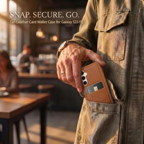 Image of amazon basics Premium Vegan Leather Back Cover with Card Holder and Integrated Mobile Stand for Samsung Galaxy S23 5G - Slim Shockproof Wallet Case with Geometric Stitching [Tan]