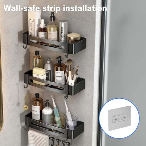 Image of Mustorn Bathroom Organiser Without Drill Adhesive Washroom Storage Organizer Wall Mounted Bath Shelves Gray Bathroom Stand Rack Caddy for Shower Rust-proof with Towel Bar (2-Pack, square)