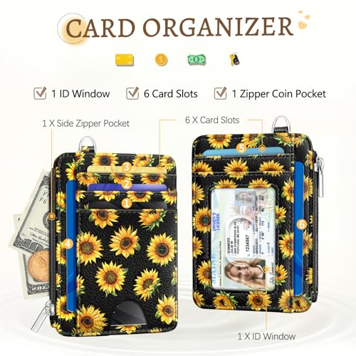 Image of Kelvoris Sunflower Credit Card Holder Small Wallet Women, Flowers Slim RFID | Keychain, Zipper Coin Pocket, Front Pocket Thin Travel Card Case, Minimalist, 6 Card Slots, 1 ID Window, Ladies Gifts Woman