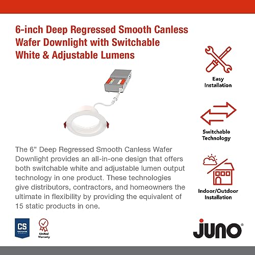 Image of Juno LED Recessed Lights 6 Inch Round Wafer Downlight, 5-in-1 Switchable White Color Temperature, Adjustable Brightness, Deep Regressed Smooth Trim, 6-Inch, Matte White