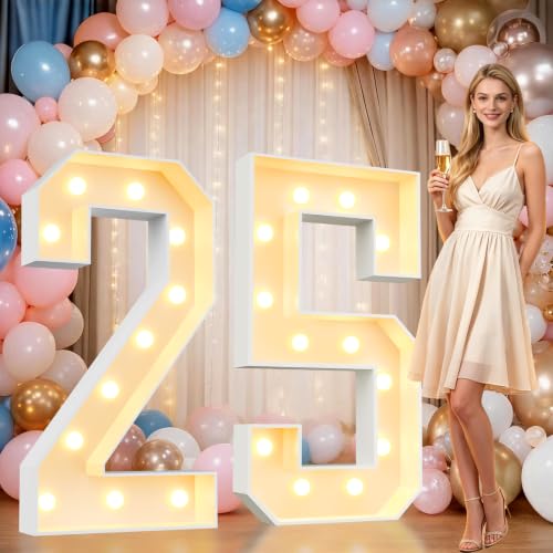 Image of Pooqla 4FT Marquee Numbers, Large Light Up Number 25th Birthday Party Decor | Warm White LED Marquee Light Up Numbers 4 Feet Tall, Party Decorations for 25th 52nd Birthday Anniversary Photo Backdrop