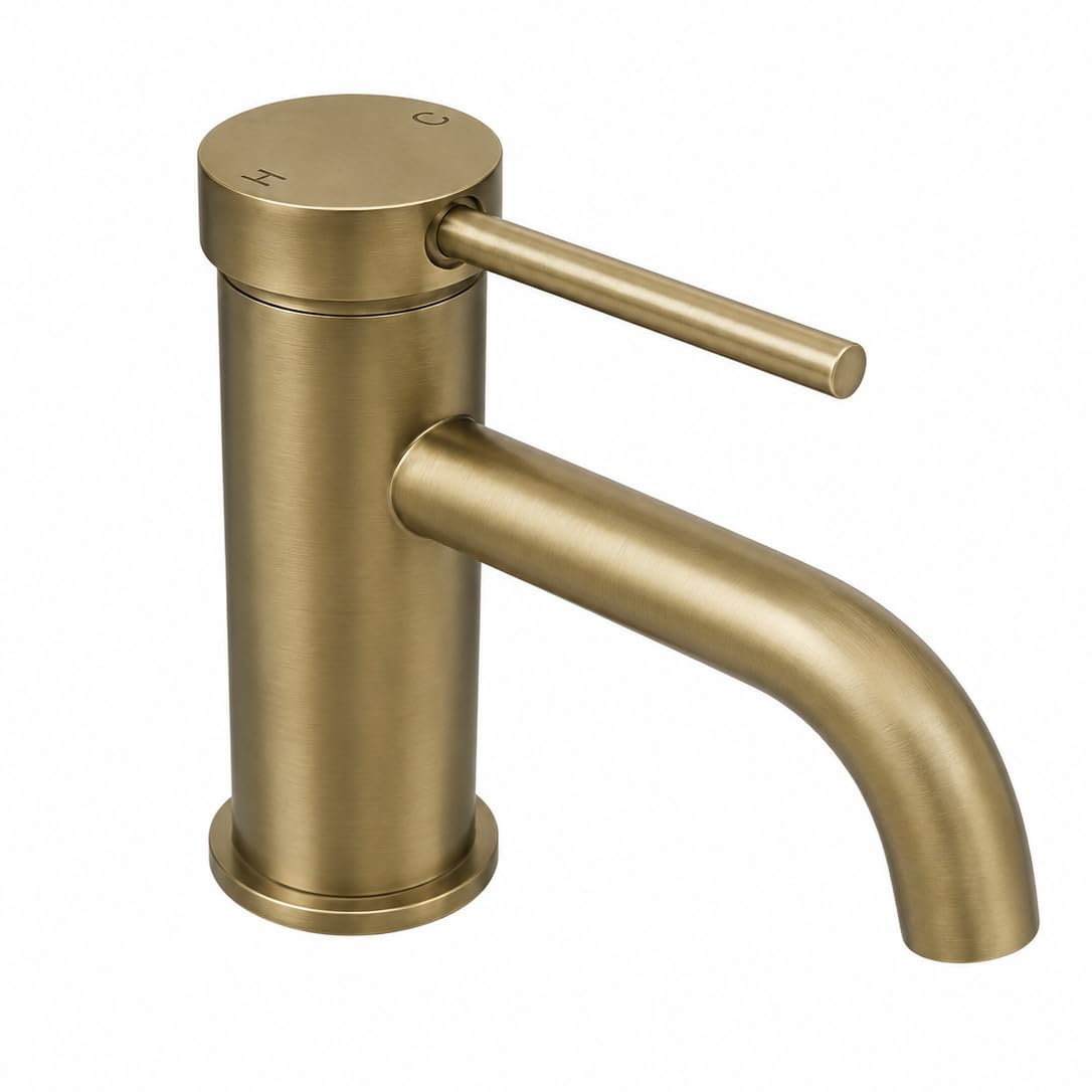 Rubberduck Bathrooms Brushed Brass Basin Mixer Tap & Push-Button Sink Waste (Brushed Brass)