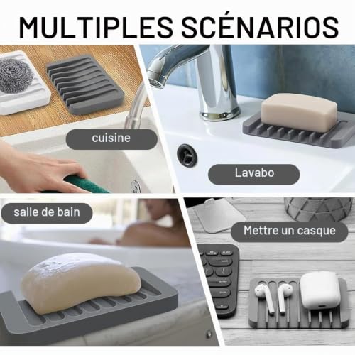 LONZIKP 3 Pièces Porte-Savon en Silicone avec Écoulement, Support de Savon en Silicone pour Salle de Bain Douche, Design Antidérapant, Ablocage de Savon pour Cuisine Évier (Blanc, Noir, Gris) – vue 5