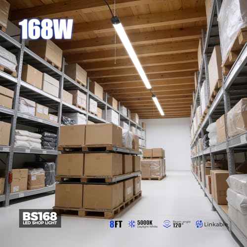 Image of Barrina BS168 168W 8FT LED Shop Lights, 16800LM, 5000K, High Output, Linkable, LED Shop Light for Garage, Workshop, Warehouse, Hanging or Ceiling Mount with Pull Chain Switch, 2 Packs
