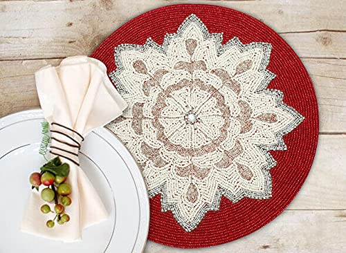 Beaded Placemat Set Of 2 - Snowflakes Round Hand Beaded Charger Placemat- White Red - 13 Inch Round- Hand Made By Skilled Artisans - A Beautiful Complement To Your Dinner Table Décor #TOP2