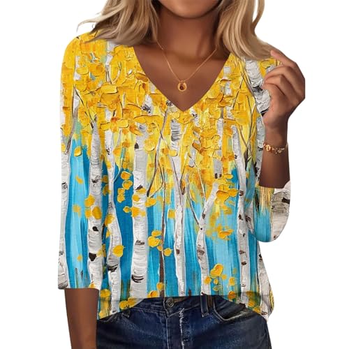 3/4 Length Sleeve Womens Tops Casual Basic V Neck Floral Print Tees Shirts Loose Fit Tunic Tops Fall Pullover