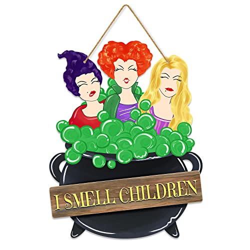 Halloween Decorations Hocus Pocus I Smell Children Hanging Sign Front Door Hanger Wreath Decor Indoor Outdoor Yard Wall Decor Horror Witch Wooden Door Sign for Halloween Party Supplies