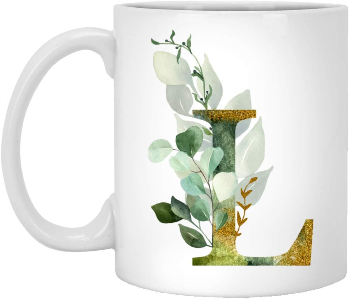 Alpha/L Graphic Letter L Coffee Mug - Alphabet Letter Monogram L - Gold Shimmer Any Letter Floral Alphabet Tea Coffee Hot Chocolate Cup For Her Birthday Christmas Mothers Day Coffee Mug 11oz