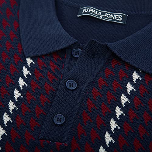 Men's Knit Polo Shirts 50S Retro Houndstoothd Shirt Italian Button Down Polos Casual Breathable Vintage Sweater Royal Blue #TOP4