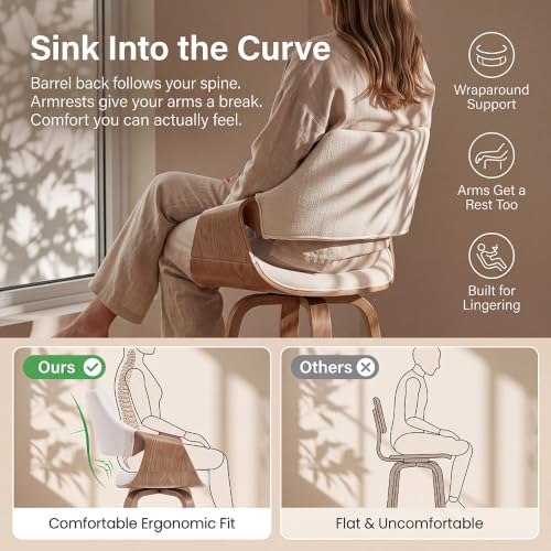 Image of HNY 26 inch Swivel Bar Stools Set of 5, Beige Linen Counter Height Barstools | 360 Swivel Bar Height Stools, Barrel Backrest, Solid Wood Frame, Round Footrest, Counter Stools for Kitchen Island, Home Bar