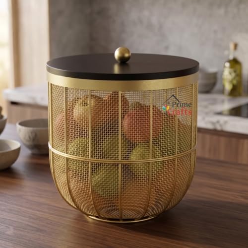 Image of Decorative Net (Jaali) Design Fruit and Vegetables Basket with Natural Wooden Lid | Premium Insect Resistant Storage Organizer for Home and Kitchen - Gold