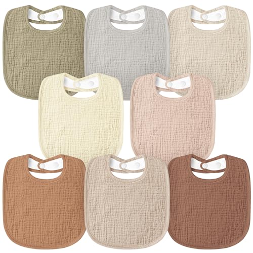 Susurration Muslin Baby Bibs 8 Pack Bandana Drool Bibs Soft Square Adjustable Baby Drooling Bibs for Unisex Girls & Boys (Brown)