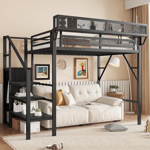 MoproBeti Twin Size Loft Bed with Stairs, Metal Loft Beds