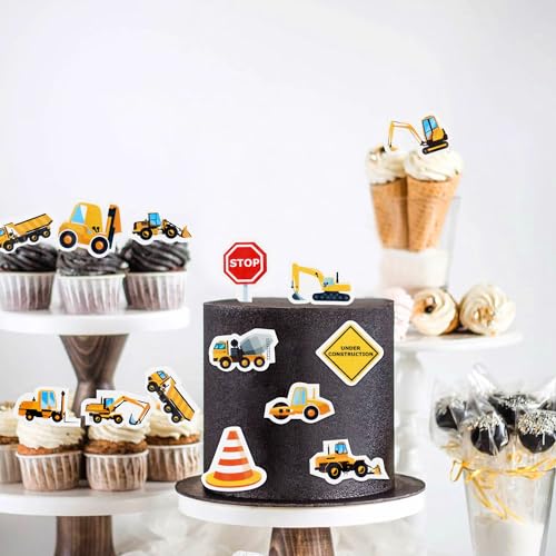 64 Stück Essbar Straßenschild Baufahrzeug Cupcake Topper LKW Bagger Kuchen Dekorieren Baby Jungen Kinder Geburtstag Kuchen Topper Oblatenpapier Baufahrzeug-Kuchen-Deckel